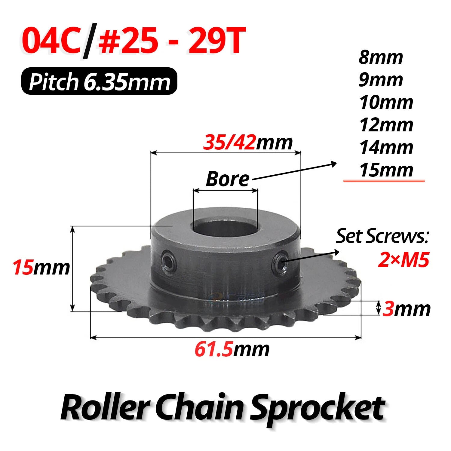 #25 Roller Chain Sprocket 04C 9T-40T Tooth Bore 5mm-20mm Pitch 6.35mm (1/4 inch)