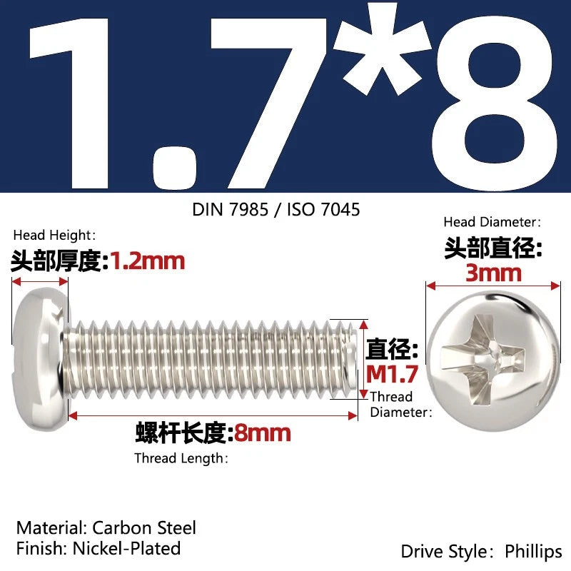 Nickel Plated Pan Head Phillips Machine Screws – ISO 7045, M1 to M4, Corrosion Resistant