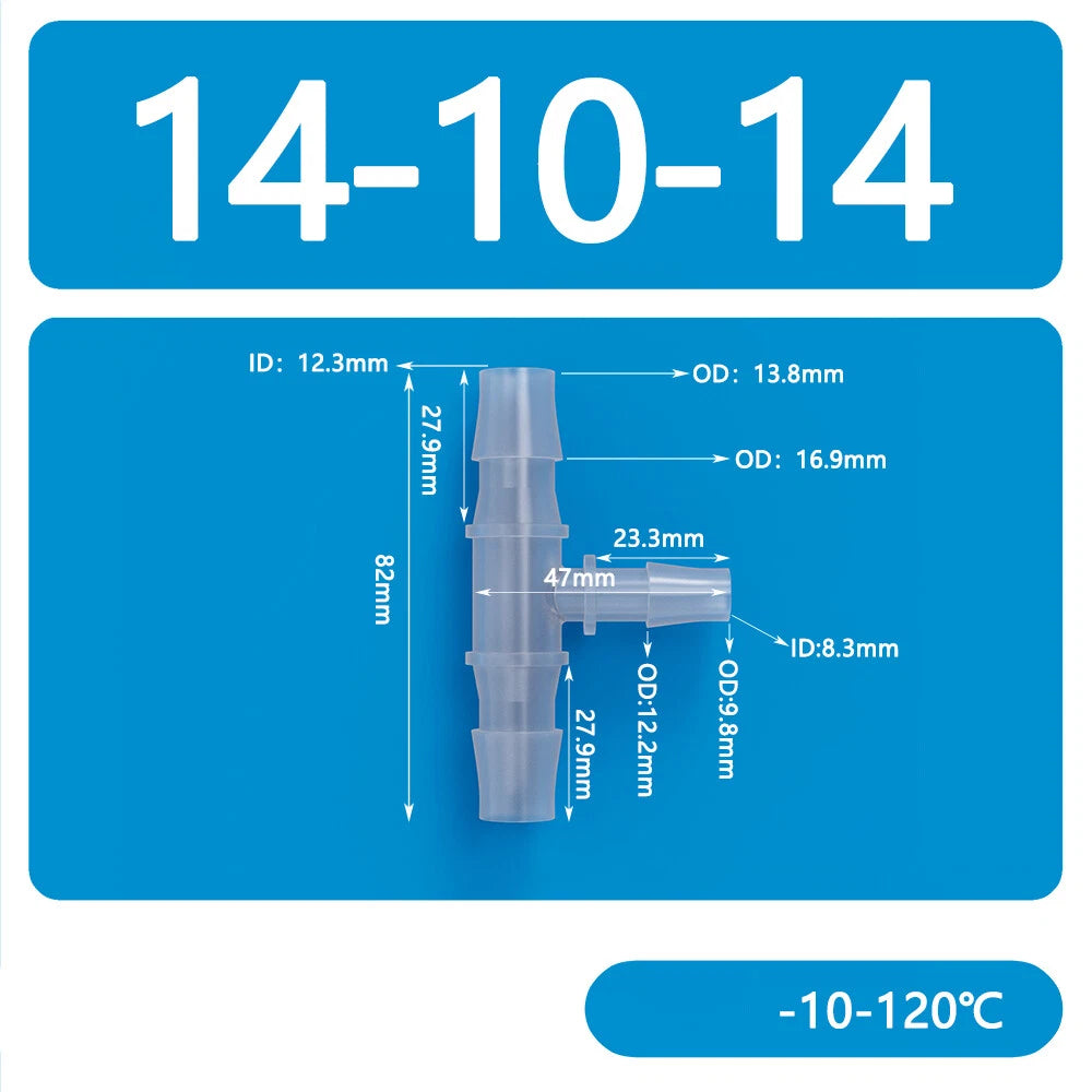 Plastic T-Type Barb Reducing Hose Fitting | 3-Way Tube Connector 1.6mm–14mm