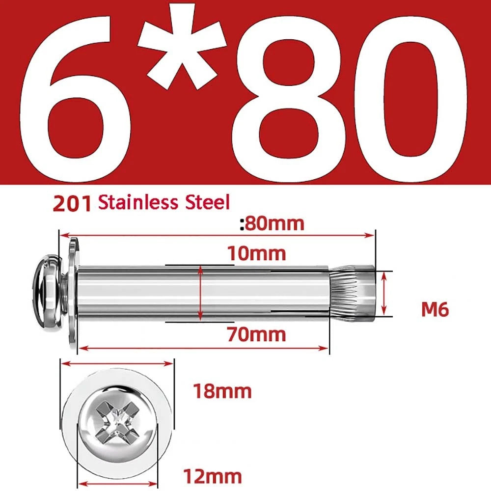 M6 M8 M10 Stainless Steel Expansion Screws — Round Head Phillips Drive, 40–100mm