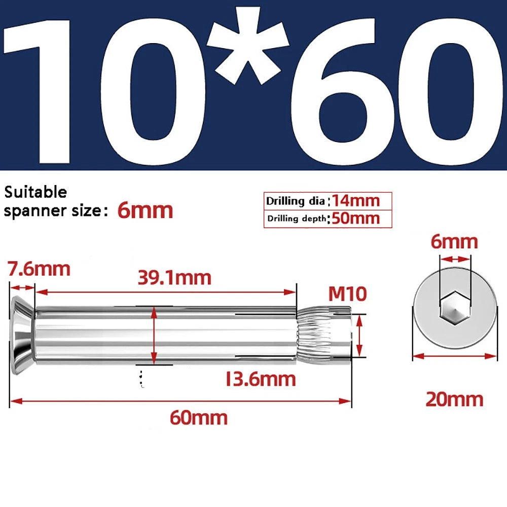 M6–M12 Countersunk Hex Socket Expansion Bolts — 304 & 201 Stainless Steel, A-Type & B-Type
