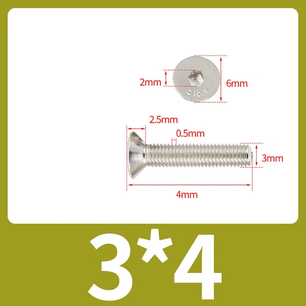Grade 10.9 Alloy Steel Countersunk Socket Head Screws — M1.6 to M4, 10–500 Pcs
