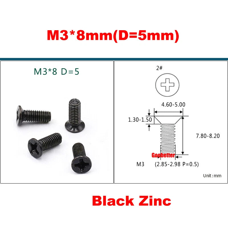 KM3 Phillips Countersunk Machine Screws – M3 x 3–18mm, Carbon or 304 Stainless, Multiple Finishes (Cross Flat Head)