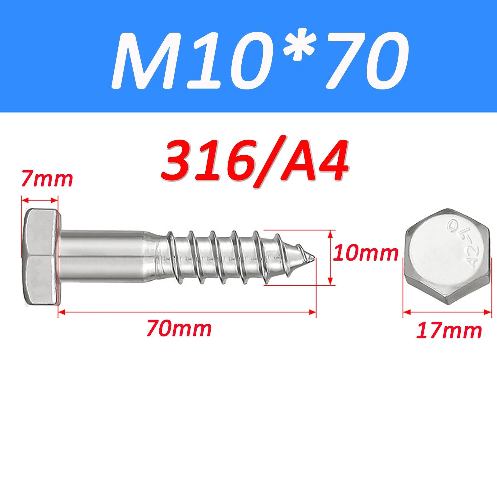 316 Stainless Steel Hex Head Lag Screws Marine Grade Wood Lag Bolts A4 Rustproof