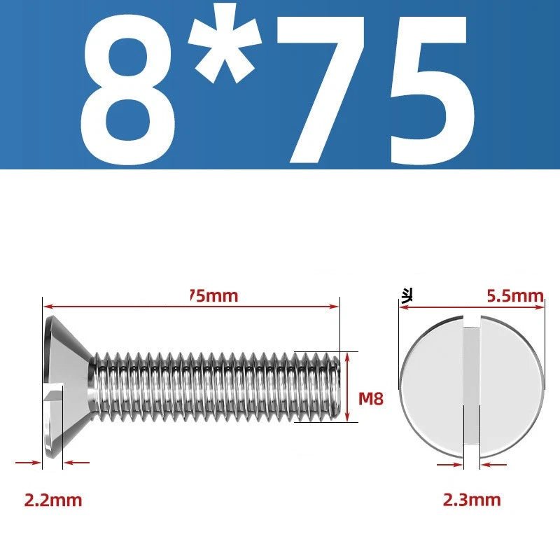 A2 Stainless Steel Slotted Countersunk Machine Screws — M1.6 to M10, Flat Head CSK Bolts - HomeDIYer