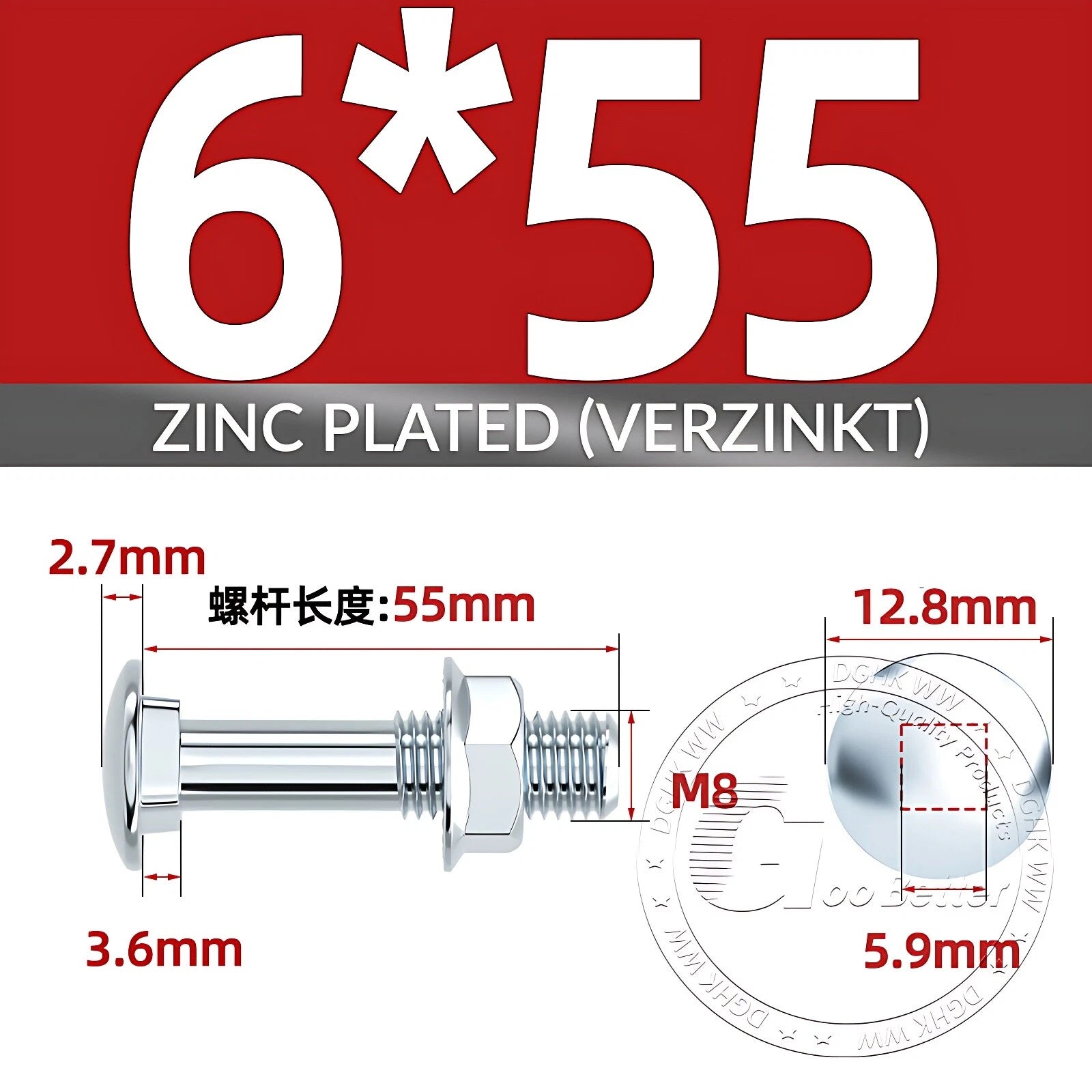 Cup Square Carriage Bolts with Hex Nut — Zinc Plated, M4 to M12