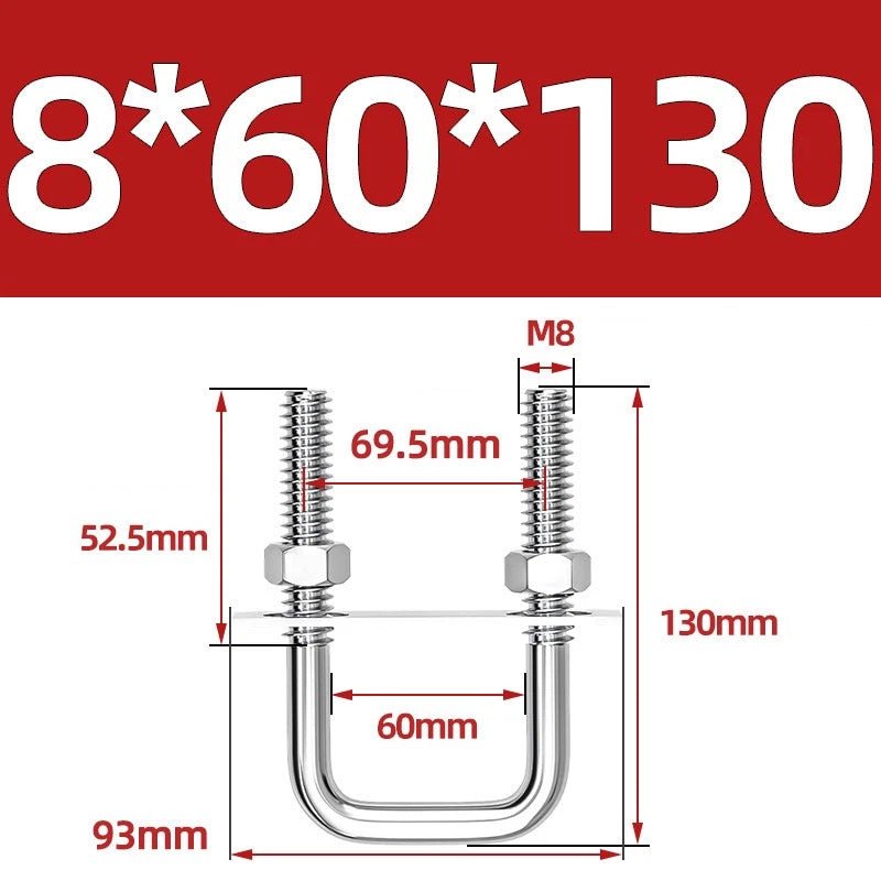 M8 Square U - Bolts Stainless Steel A2 with Plates and Nuts — Multiple Sizes - HomeDIYer