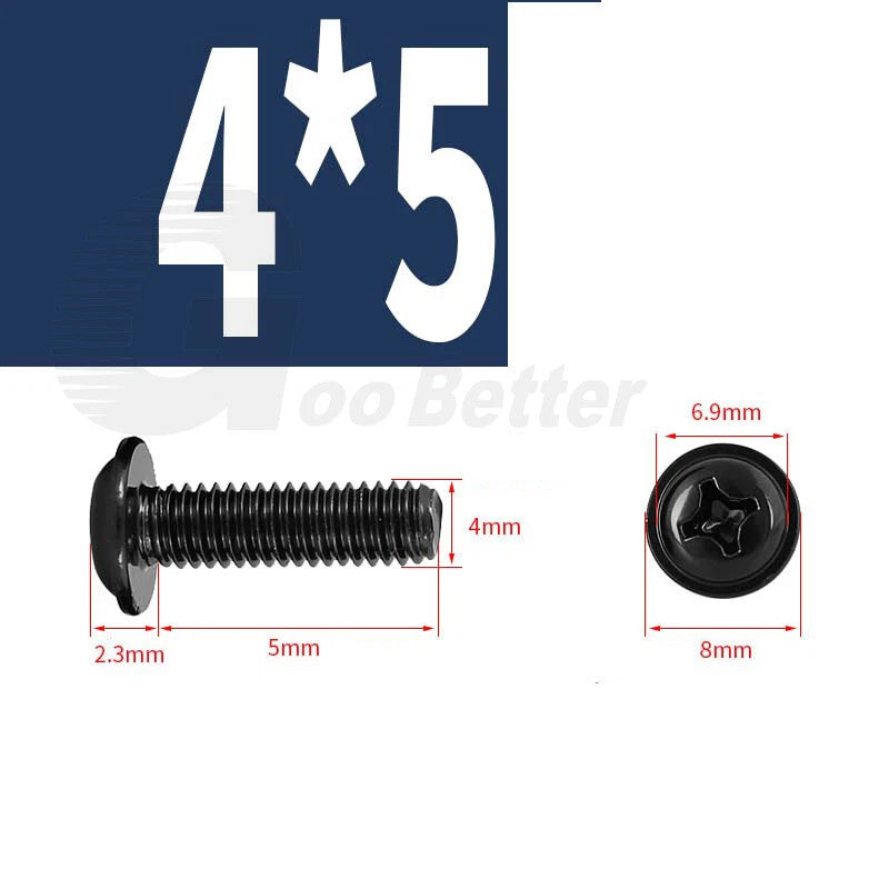 Black Zinc Flange Phillips Pan Head Machine Screws M1.4 M2 M2.5 M3 M4 M5 M6 — Washer-Free Metric Bolts