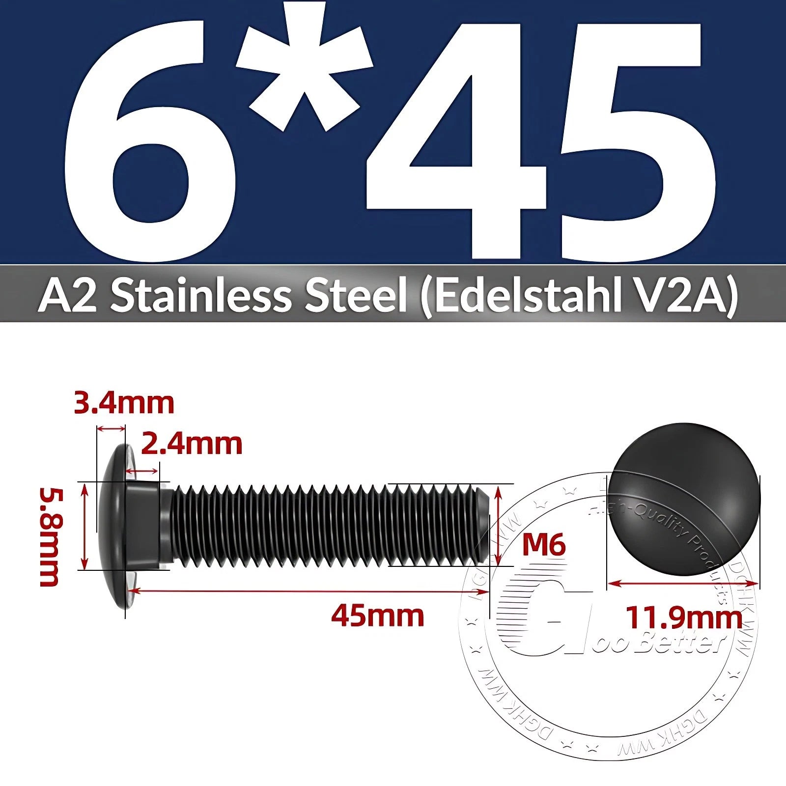 Black Stainless Steel Carriage Bolts M3–M12 | A2 Cup Square Dome Screws
