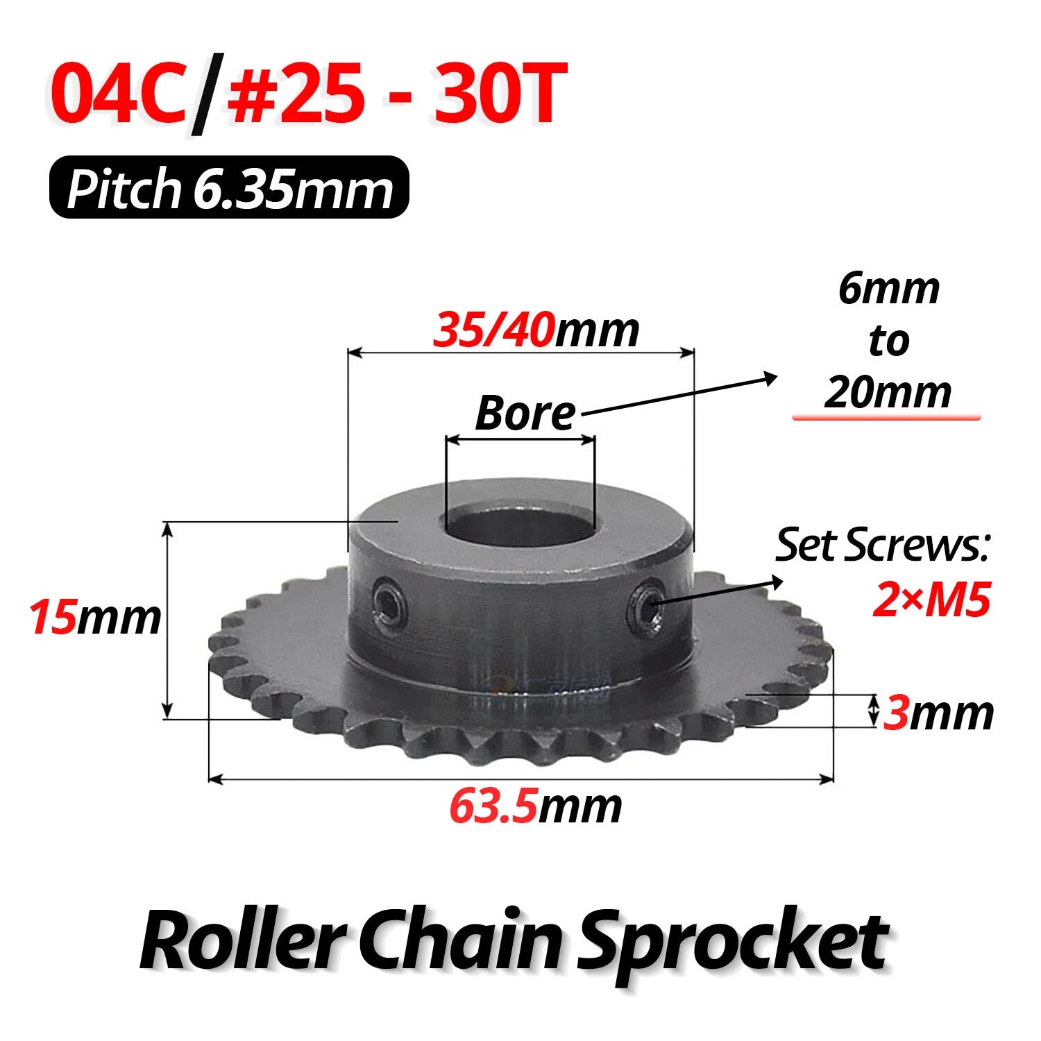 #25 Roller Chain Sprocket 04C 9T-40T Tooth Bore 5mm-20mm Pitch 6.35mm (1/4 inch)