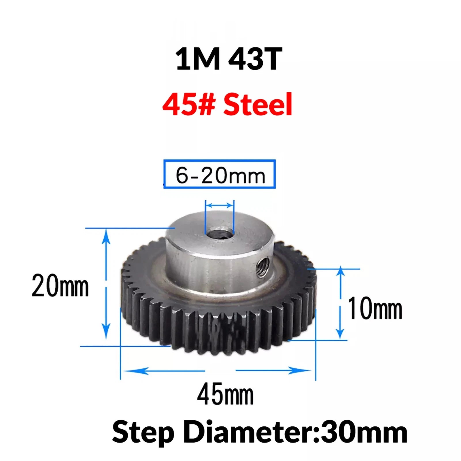 Mod 1 45# Steel Pinion Gear Spur Gears 10-60 T 14-50mm Bore With Step Motor Gear
