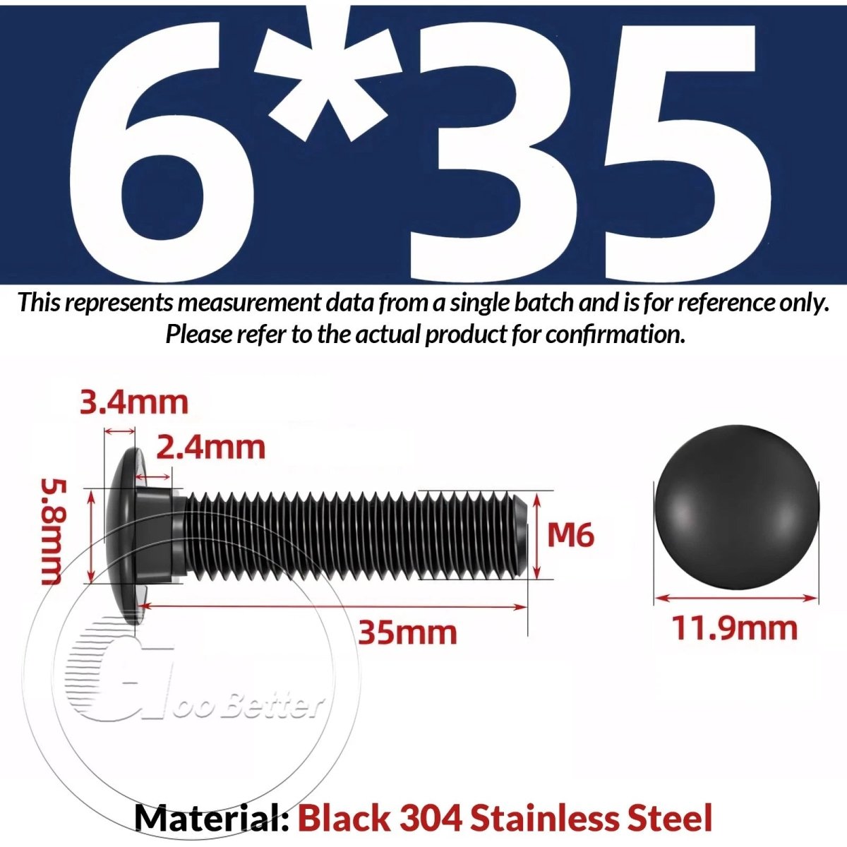 Black Carriage Bolts M3 M4 M5 M6 — Cup Square Domed Head, A2 - 70 Stainless Steel - HomeDIYer