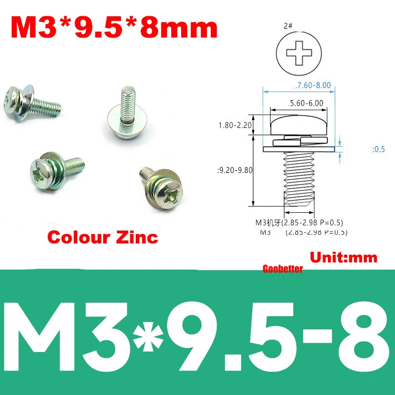 M2 M2.6 M3 M4 Phillips Pan Head Machine Screws with Washer Set – Carbon Steel, Multiple Finishes