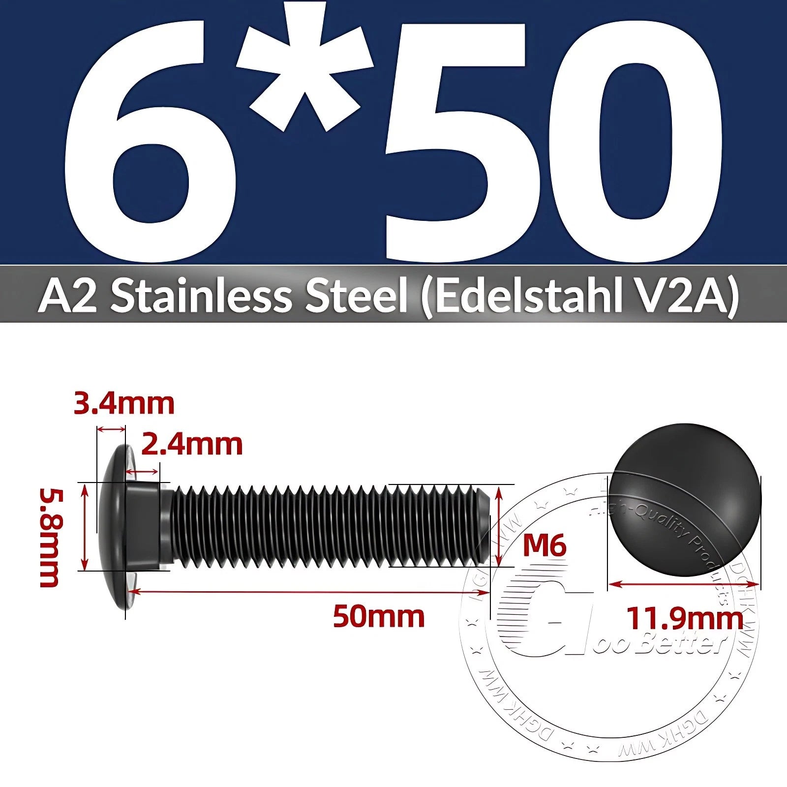 Black Stainless Steel Carriage Bolts M3–M12 | A2 Cup Square Dome Screws