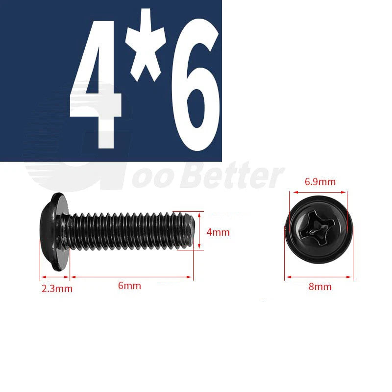 Black Zinc Flange Phillips Pan Head Machine Screws M1.4 M2 M2.5 M3 M4 M5 M6 — Washer-Free Metric Bolts