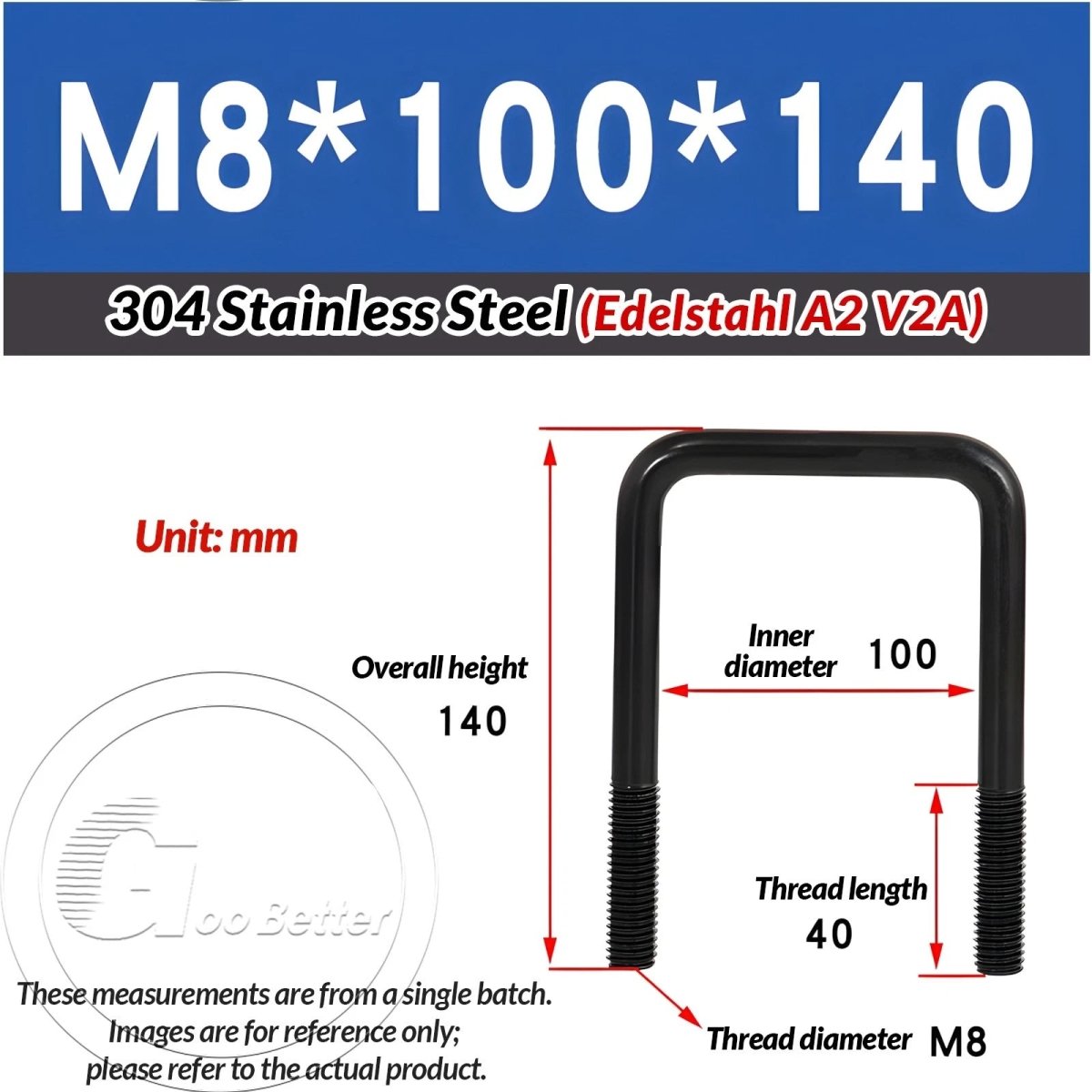 Black Square U - Bolts 304 Stainless Steel Fixing Clamp — M6 M8 M10 - HomeDIYer