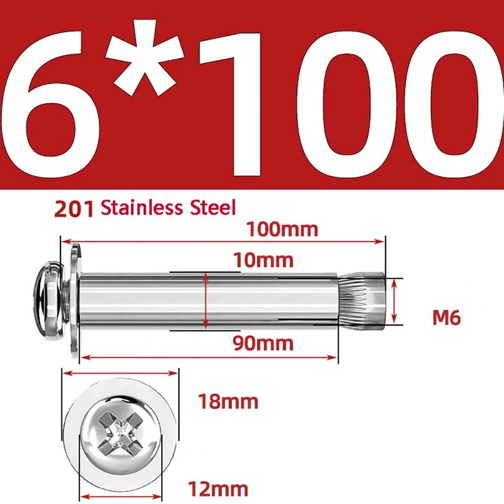 M6 M8 M10 Stainless Steel Expansion Screws — Round Head Phillips Drive, 40–100mm