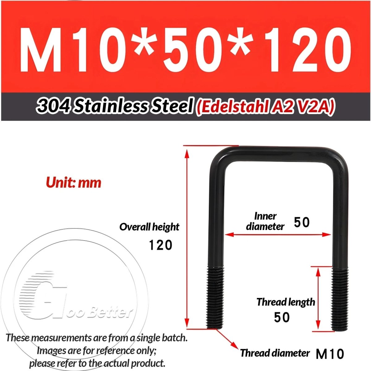 Black Square U - Bolts 304 Stainless Steel Fixing Clamp — M6 M8 M10 - HomeDIYer