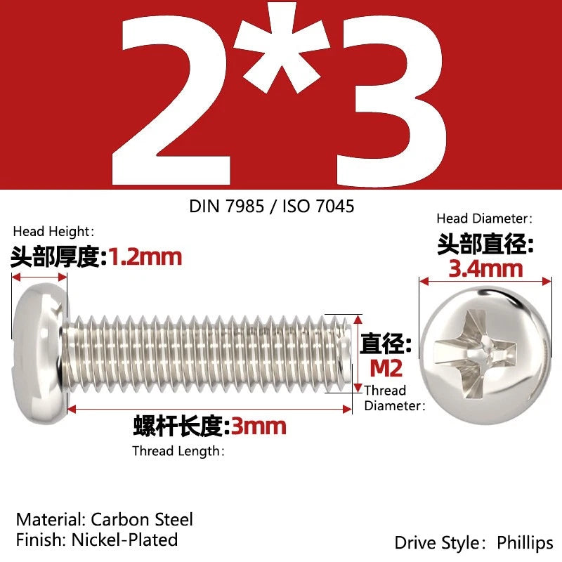 Nickel Plated Pan Head Phillips Machine Screws – ISO 7045, M1 to M4, Corrosion Resistant