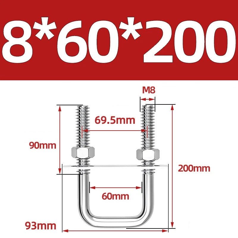 M8 Square U - Bolts Stainless Steel A2 with Plates and Nuts — Multiple Sizes - HomeDIYer