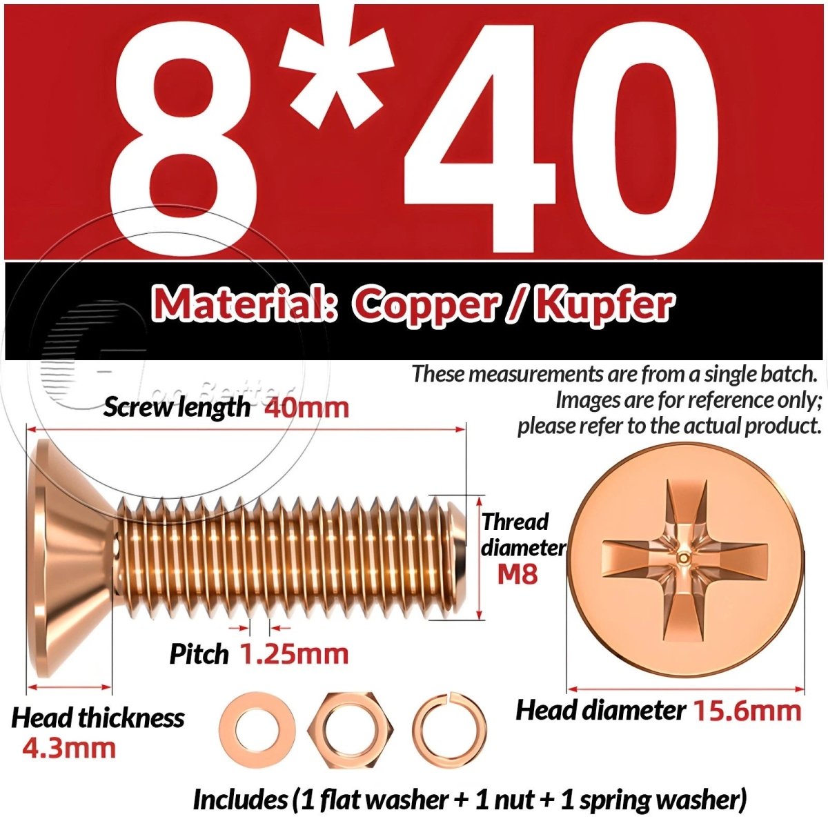 T2 Copper Pozi Countersunk Machine Screws with Flat Washer & Nut | M3–M10 - HomeDIYer