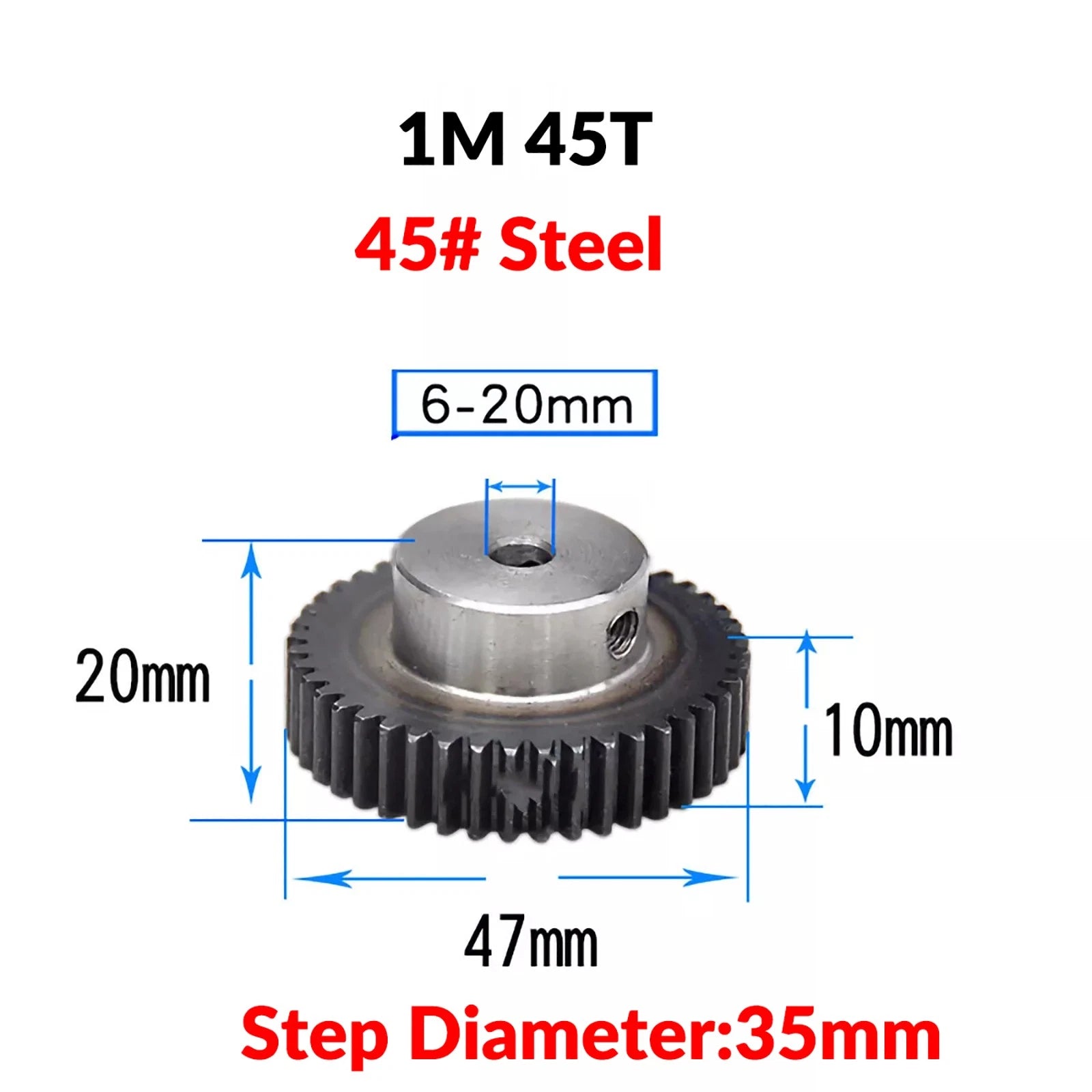 Mod 1 45# Steel Pinion Gear Spur Gears 10-60 T 14-50mm Bore With Step Motor Gear