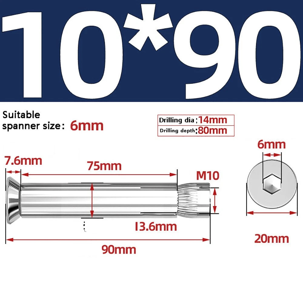 M6–M12 Countersunk Hex Socket Expansion Bolts — 304 & 201 Stainless Steel, A-Type & B-Type