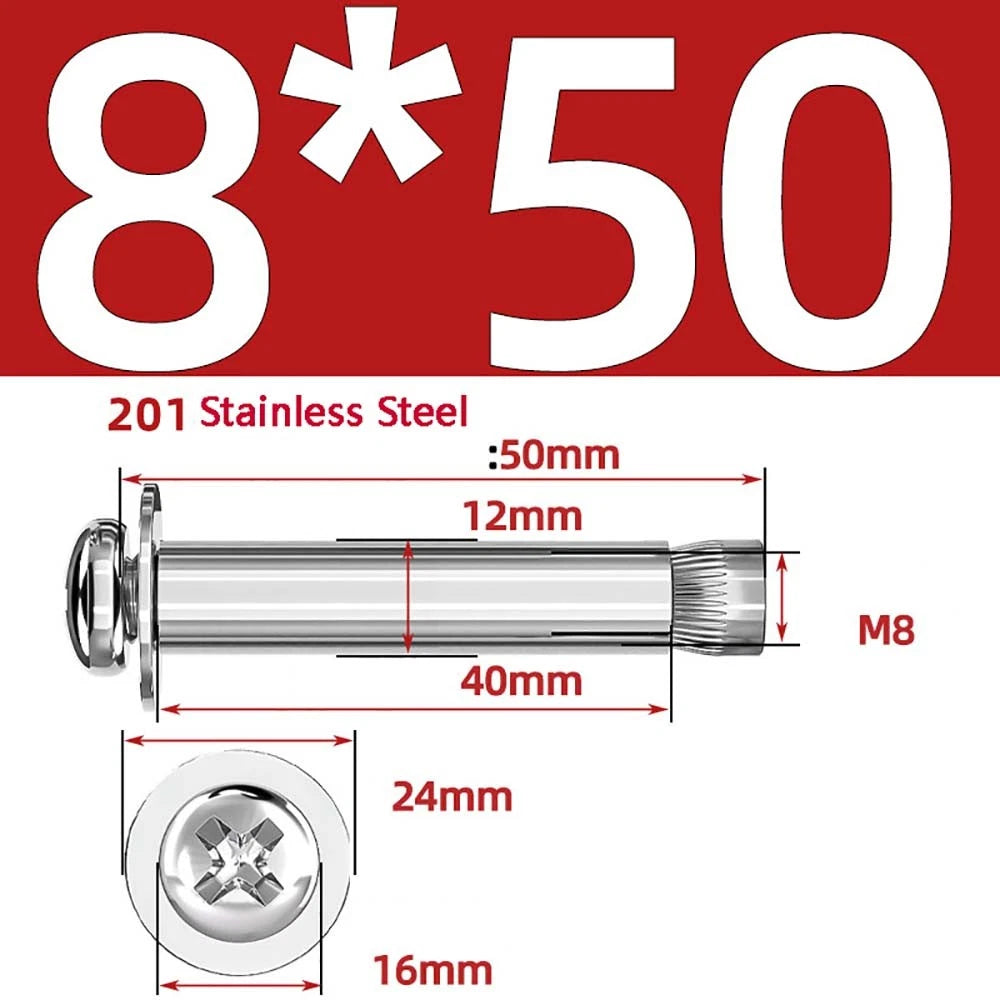 M6 M8 M10 Stainless Steel Expansion Screws — Round Head Phillips Drive, 40–100mm