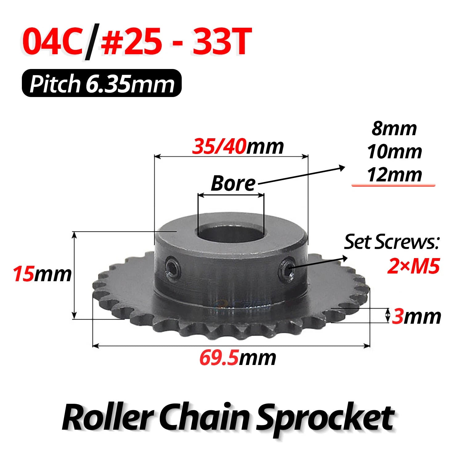 #25 Roller Chain Sprocket 04C 9T-40T Tooth Bore 5mm-20mm Pitch 6.35mm (1/4 inch)