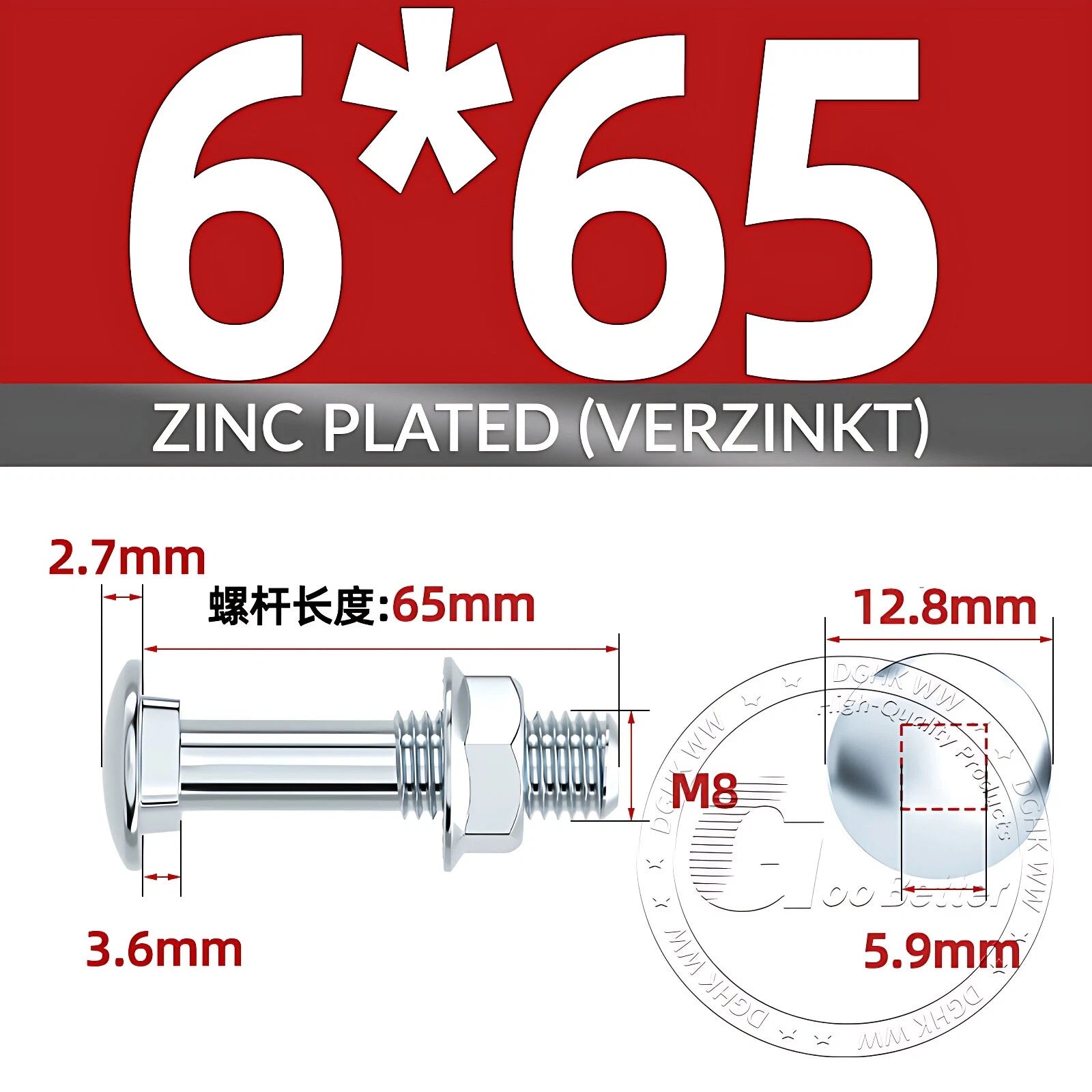Cup Square Carriage Bolts with Hex Nut — Zinc Plated, M4 to M12