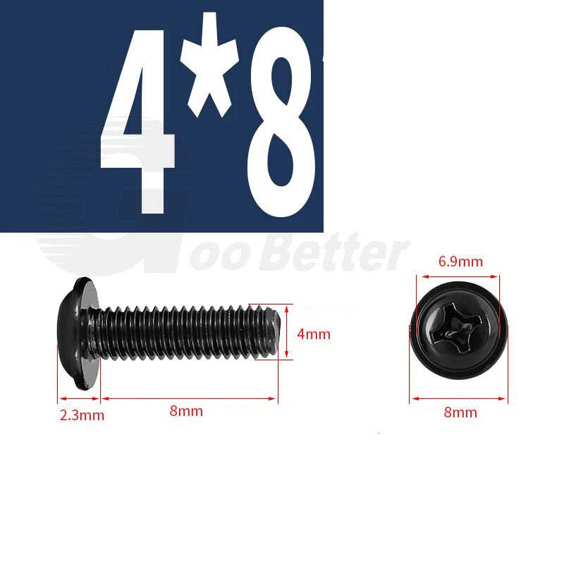 Black Zinc Flange Phillips Pan Head Machine Screws M1.4 M2 M2.5 M3 M4 M5 M6 — Washer-Free Metric Bolts