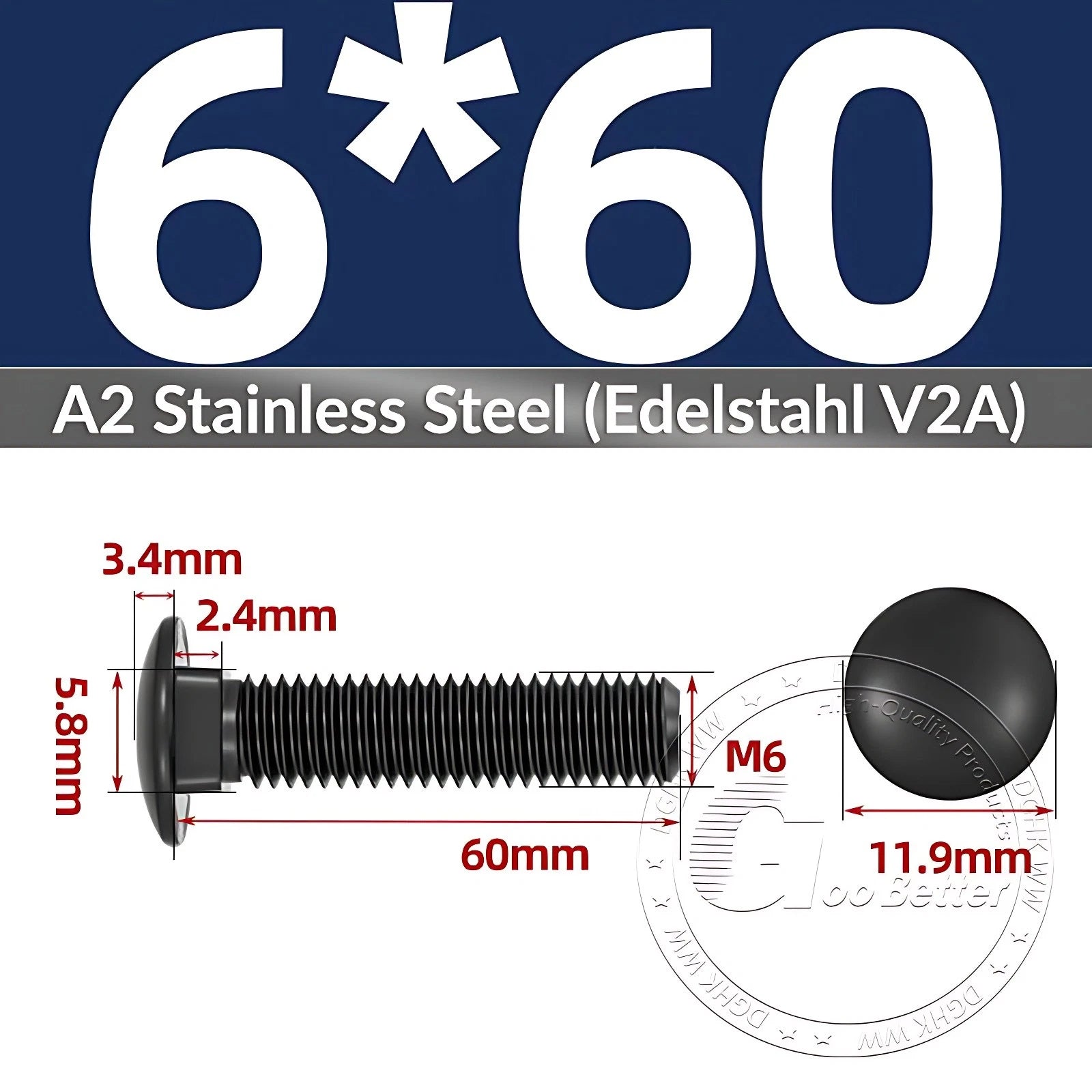 Black Stainless Steel Carriage Bolts M3–M12 | A2 Cup Square Dome Screws