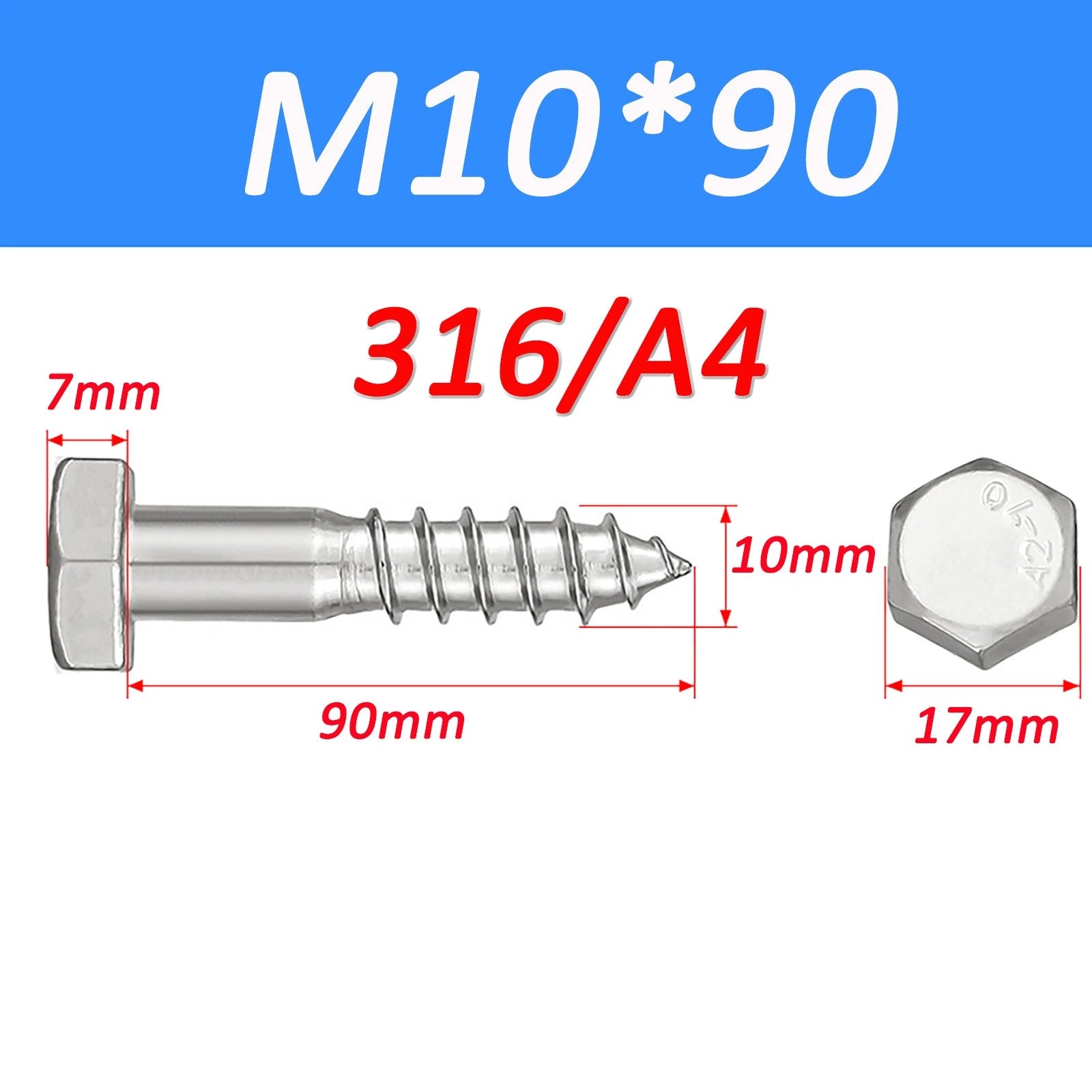 316 Stainless Steel Hex Head Lag Screws Marine Grade Wood Lag Bolts A4 Rustproof