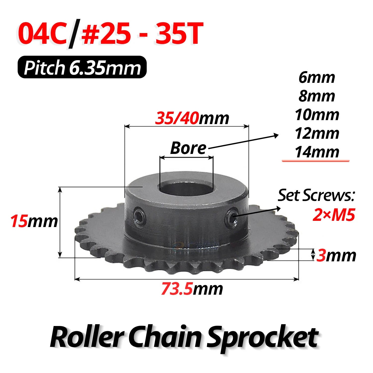 #25 Roller Chain Sprocket 04C 9T-40T Tooth Bore 5mm-20mm Pitch 6.35mm (1/4 inch)