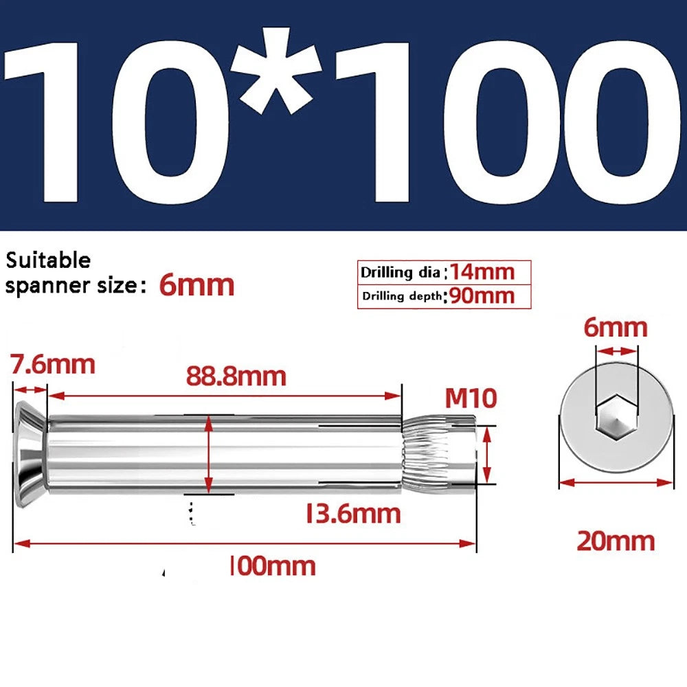 M6–M12 Countersunk Hex Socket Expansion Bolts — 304 & 201 Stainless Steel, A-Type & B-Type