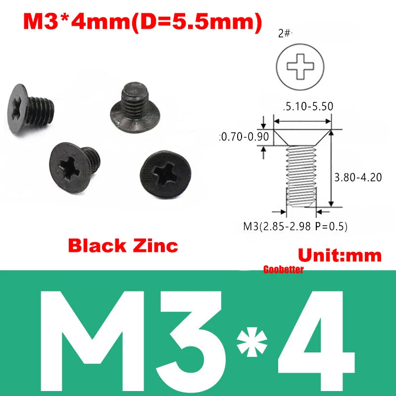KM3 Phillips Countersunk Machine Screws – M3 x 3–18mm, Carbon or 304 Stainless, Multiple Finishes (Cross Flat Head)