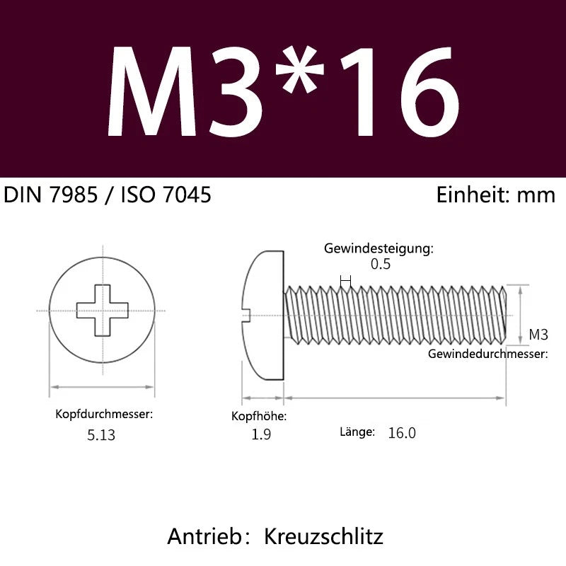 6063 Aluminium Phillips Pan Head Machine Screws DIN 7985 — M1.7 to M6 Metric