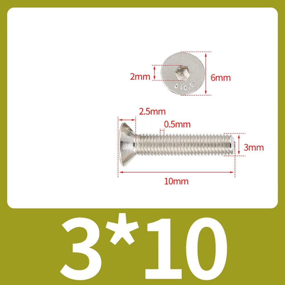 Grade 10.9 Alloy Steel Countersunk Socket Head Screws — M1.6 to M4, 10–500 Pcs