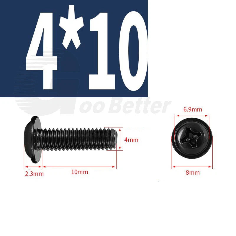 Black Zinc Flange Phillips Pan Head Machine Screws M1.4 M2 M2.5 M3 M4 M5 M6 — Washer-Free Metric Bolts
