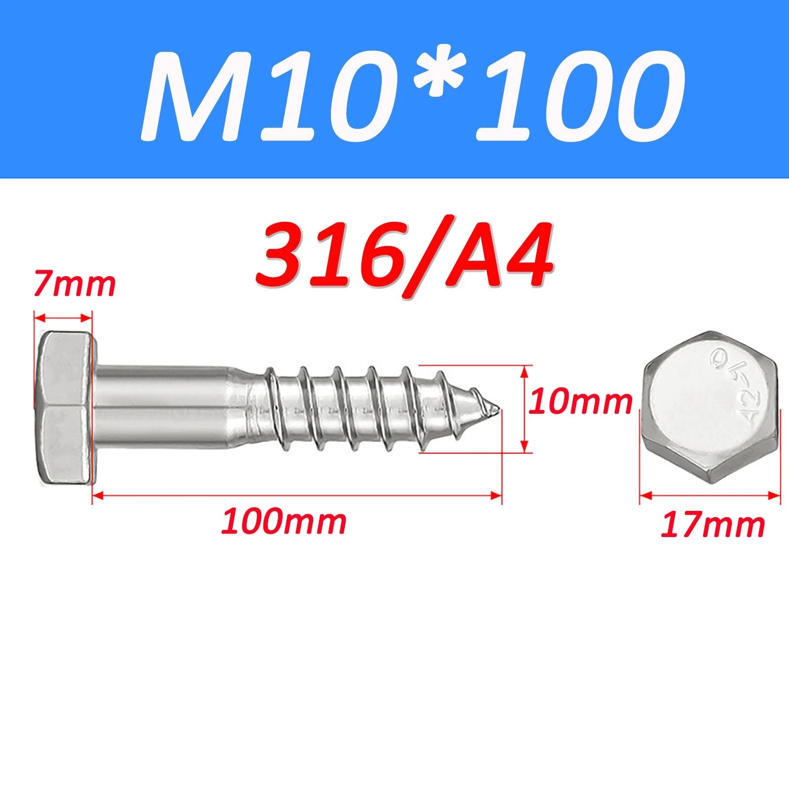316 Stainless Steel Hex Head Lag Screws Marine Grade Wood Lag Bolts A4 Rustproof