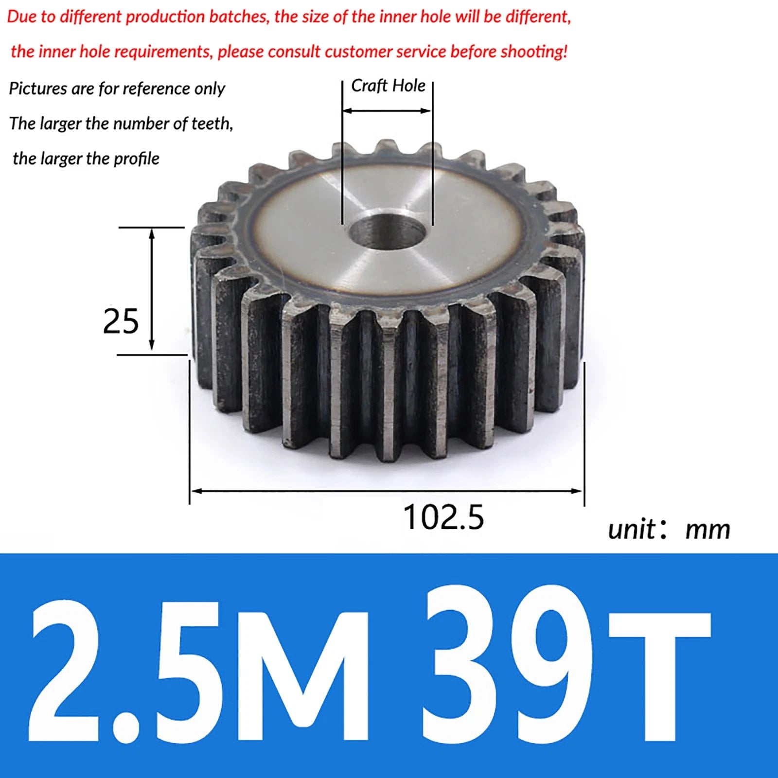 2.5 Mod 10T - 79T Spur Gear 45# Steel Pinion Gear Thickn 25MM Transmission Gear