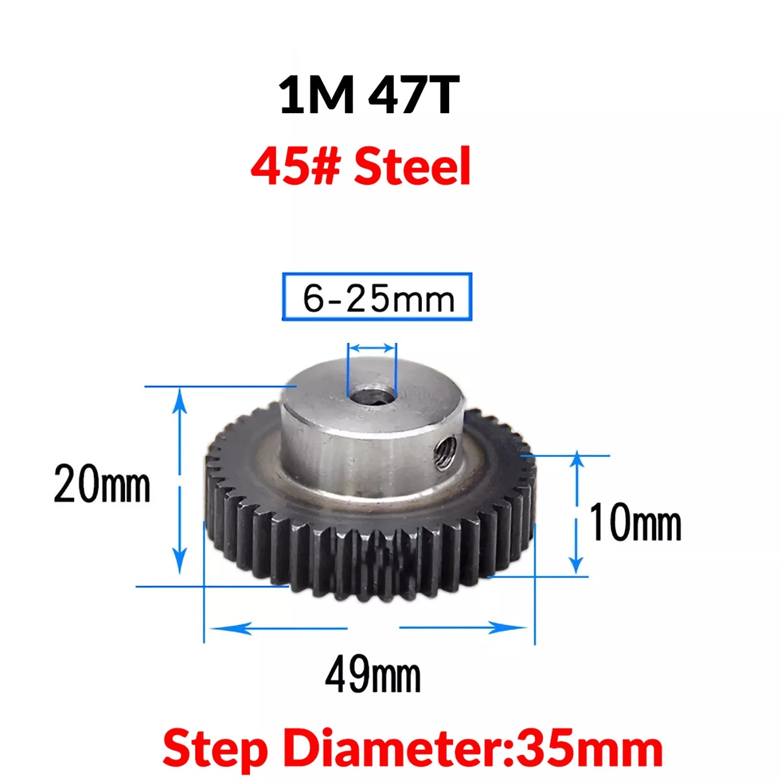 Mod 1 45# Steel Pinion Gear Spur Gears 10-60 T 14-50mm Bore With Step Motor Gear