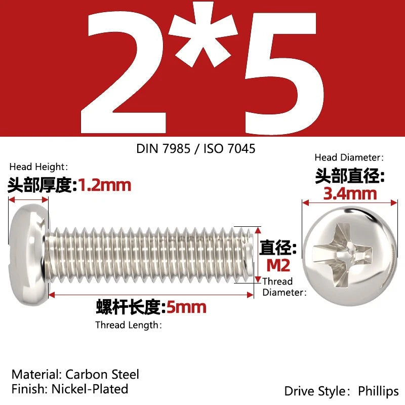 Nickel Plated Pan Head Phillips Machine Screws – ISO 7045, M1 to M4, Corrosion Resistant