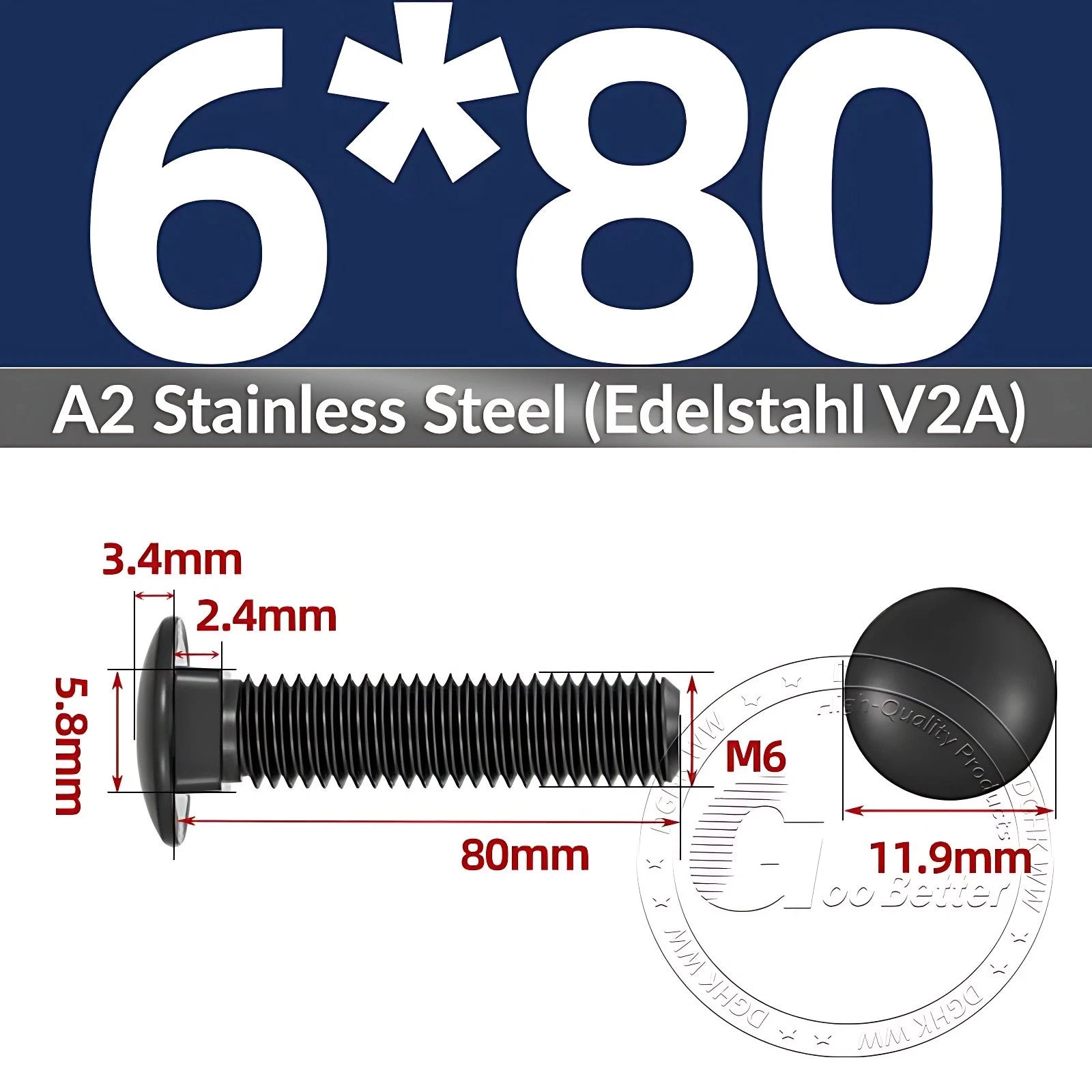 Black Stainless Steel Carriage Bolts M3–M12 | A2 Cup Square Dome Screws