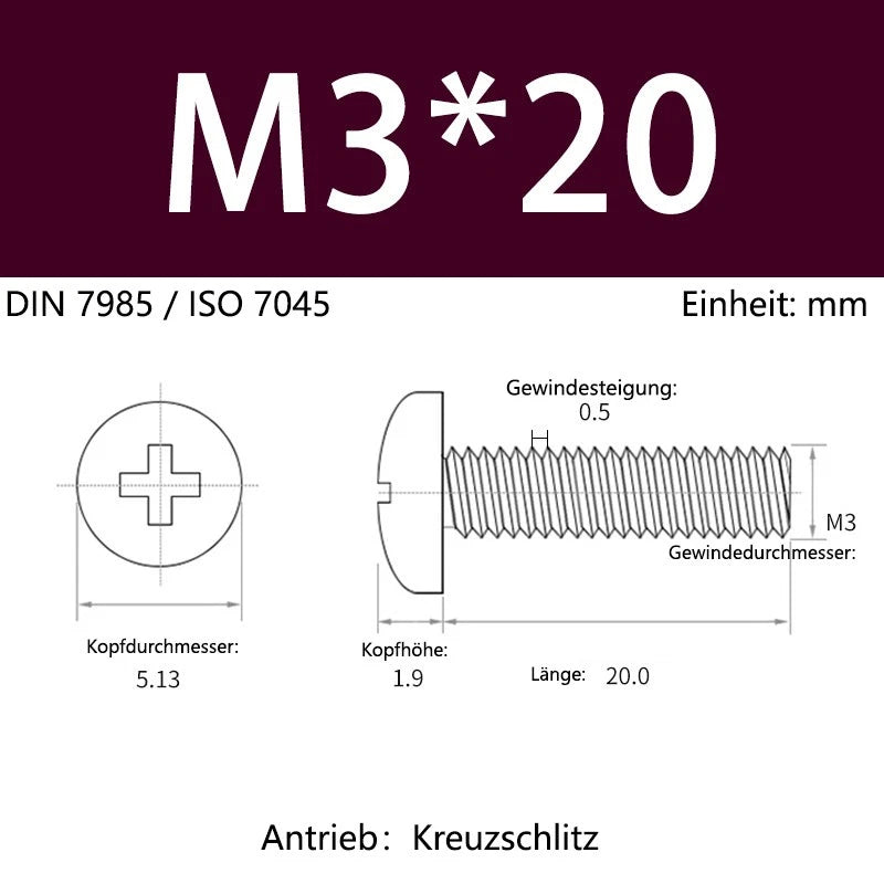 6063 Aluminium Phillips Pan Head Machine Screws DIN 7985 — M1.7 to M6 Metric