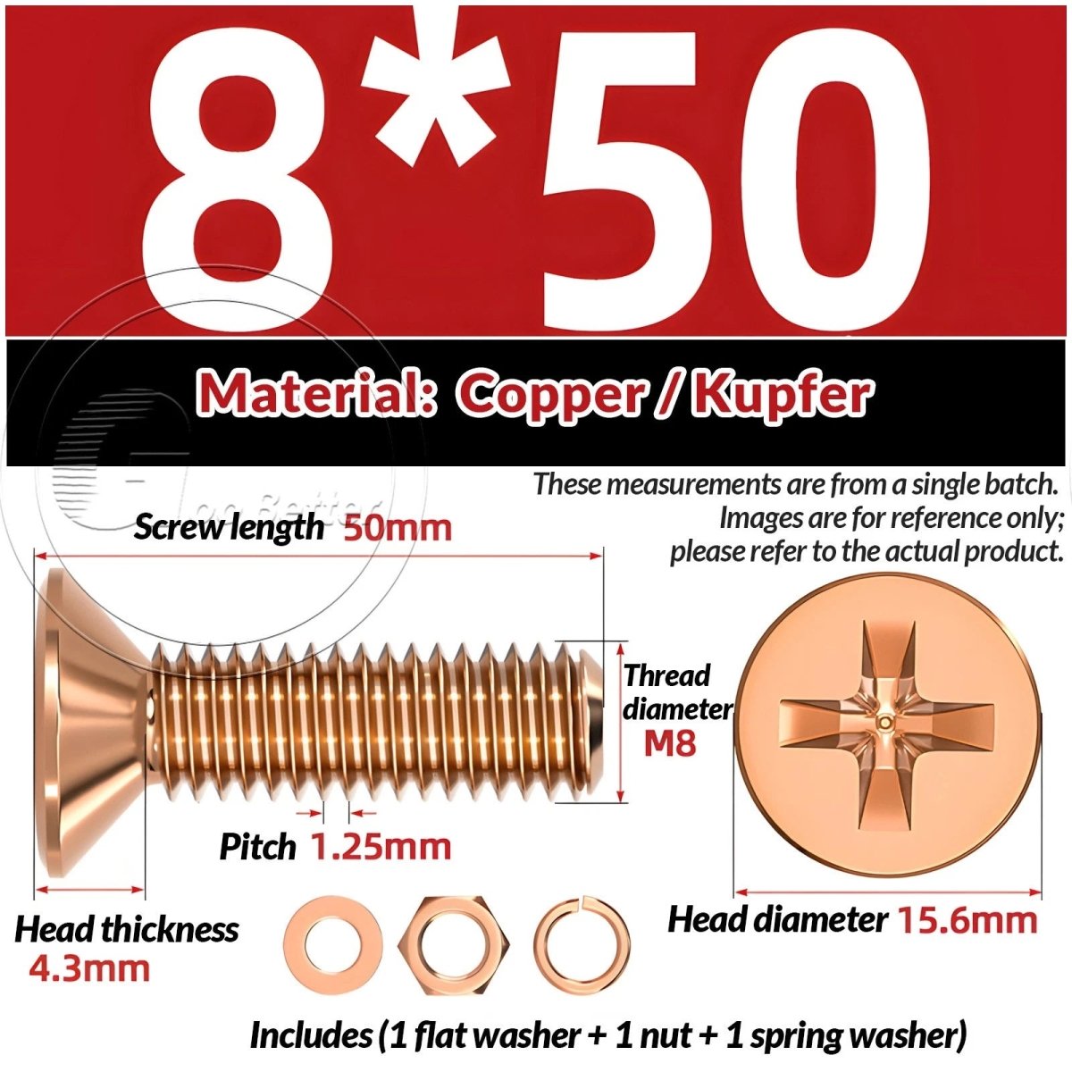T2 Copper Pozi Countersunk Machine Screws with Flat Washer & Nut | M3–M10 - HomeDIYer