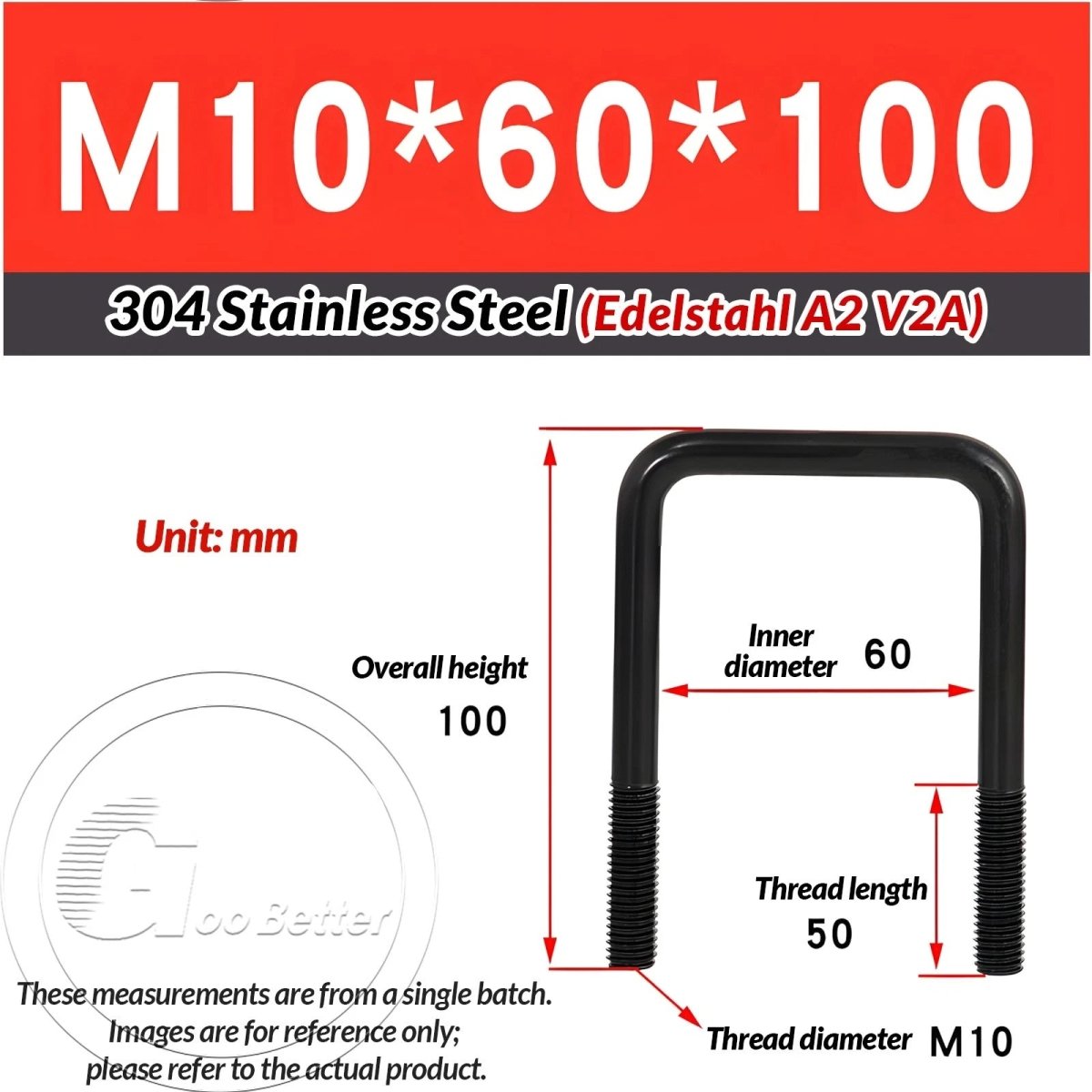 Black Square U - Bolts 304 Stainless Steel Fixing Clamp — M6 M8 M10 - HomeDIYer