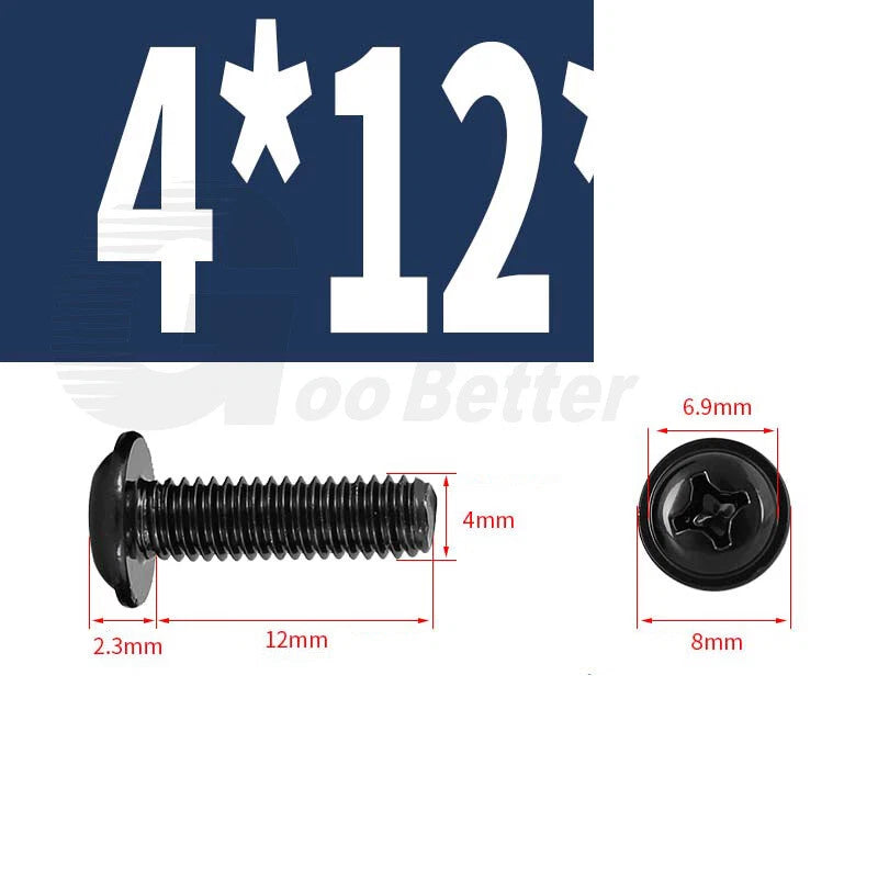 Black Zinc Flange Phillips Pan Head Machine Screws M1.4 M2 M2.5 M3 M4 M5 M6 — Washer-Free Metric Bolts