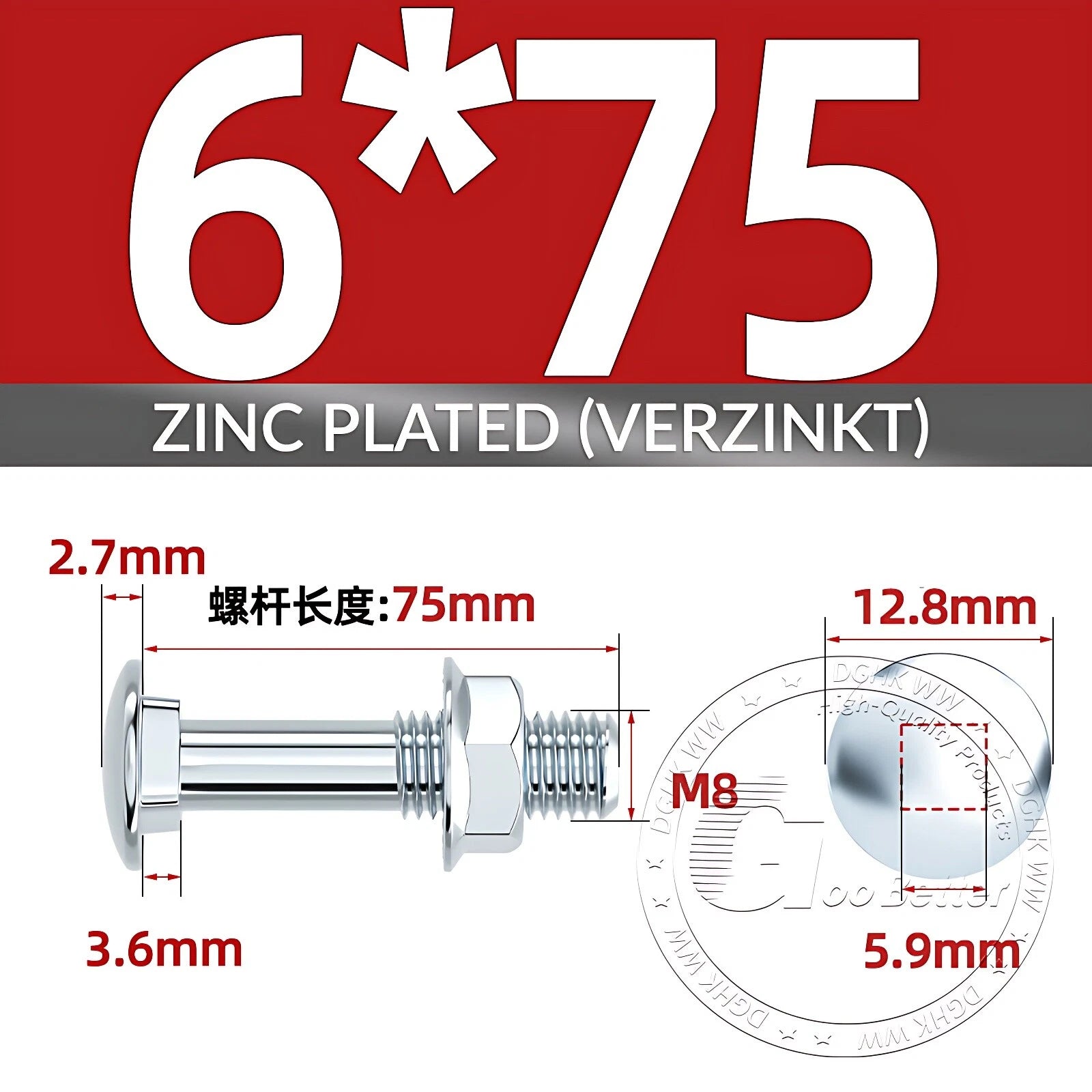 Cup Square Carriage Bolts with Hex Nut — Zinc Plated, M4 to M12