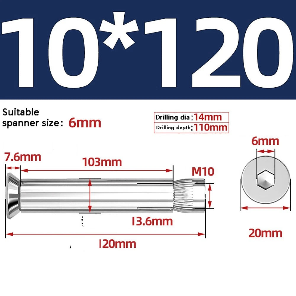 M6–M12 Countersunk Hex Socket Expansion Bolts — 304 & 201 Stainless Steel, A-Type & B-Type